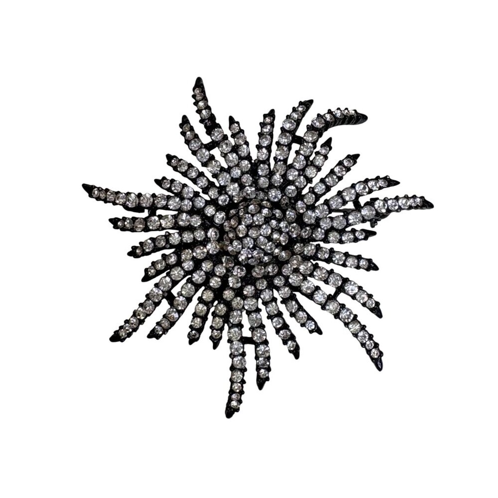 Vintage Rhinestone Black Starburst Brooch Glam Hollywood Old Money Halloween